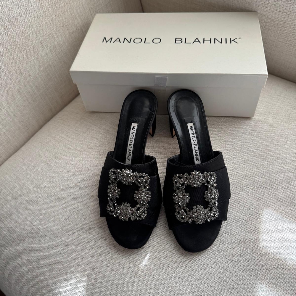 Manolo Blahnik Black Satin Mules with Crystal Square Buckles